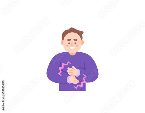 stomachache. a man feels pain in his abdomen. symptoms of ulcer disease, constipation, gastroenteritis, GERD or gastroesophageal reflux disease. problems in the digestive system. health. character