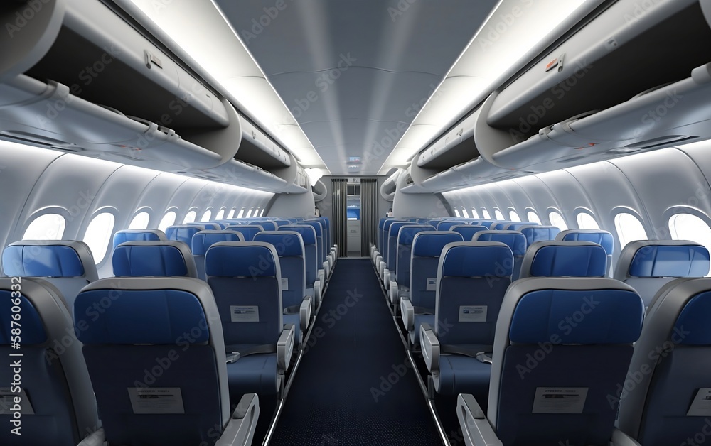 Obraz premium Interior of an airplane. Generative AI technology.