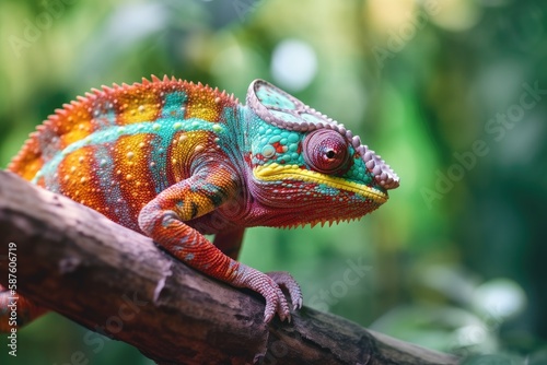 rainbow colored chameleon on a branch of a tree  generative ai