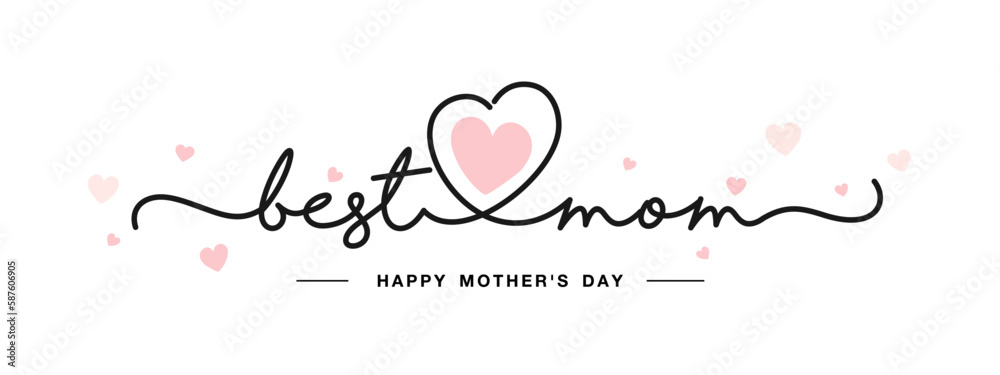 Best mom Happy Mother's Day black handwritten typography with pink hearts isolated on white background