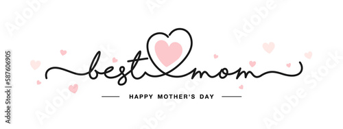 Best mom Happy Mother's Day black handwritten typography with pink hearts isolated on white background