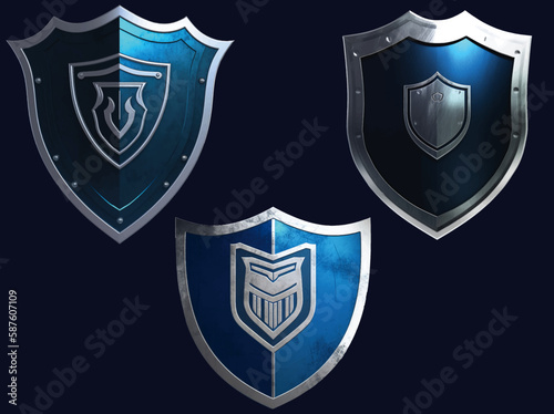Three blue and silver metallic shields with a reflective gleam in vector format.