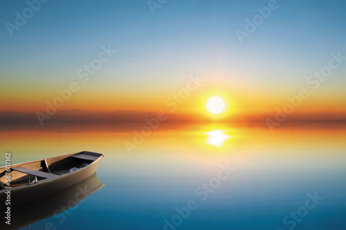 Mirror sunset lake with vintage wooden row boat and beautiful colorful blue sky, peaceful feeling and relax