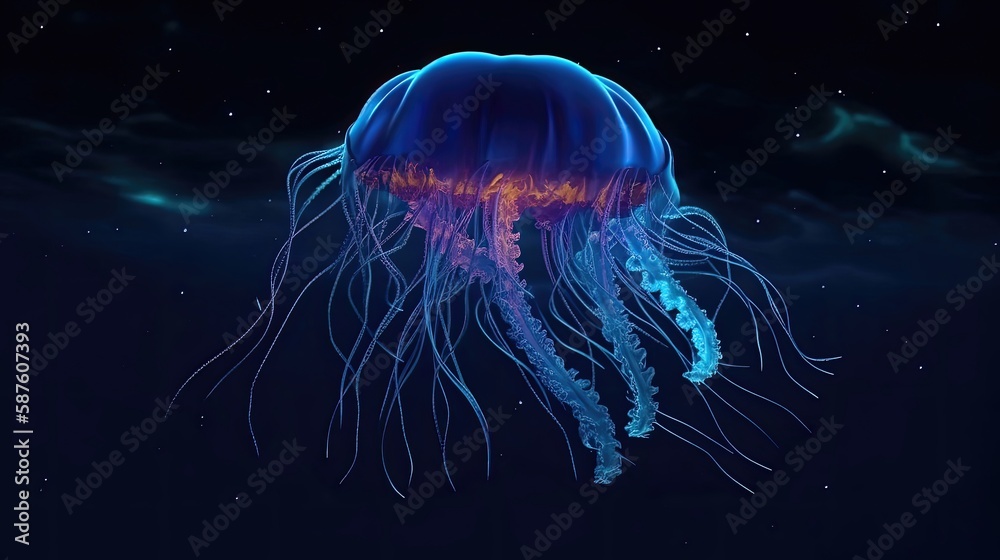 Glowing jellyfish swimming deep in blue sea. Generative AI Glowing jellyfish swimming deep in blue sea. Generative AI