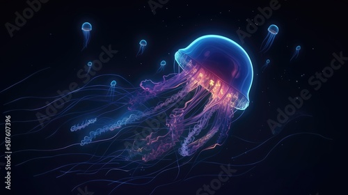 Glowing jellyfish swimming deep in blue sea. Generative AI © AdriFerrer