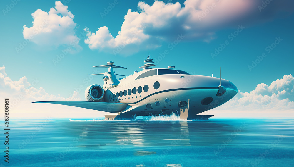modern jet on top of the ocean with blue sky. Generative AI modern jet on top of the ocean with blue sky. Generative AI
