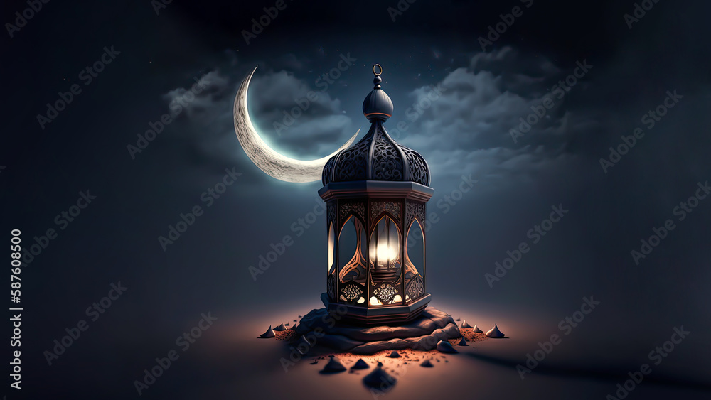 3D Render of Illuminated Arabic Lamp On Realistic Crescent Moon Night Background. Islamic Religious Concept. 3D Render of Illuminated Arabic Lamp On Realistic Crescent Moon Night Background. Islamic Religious Concept.