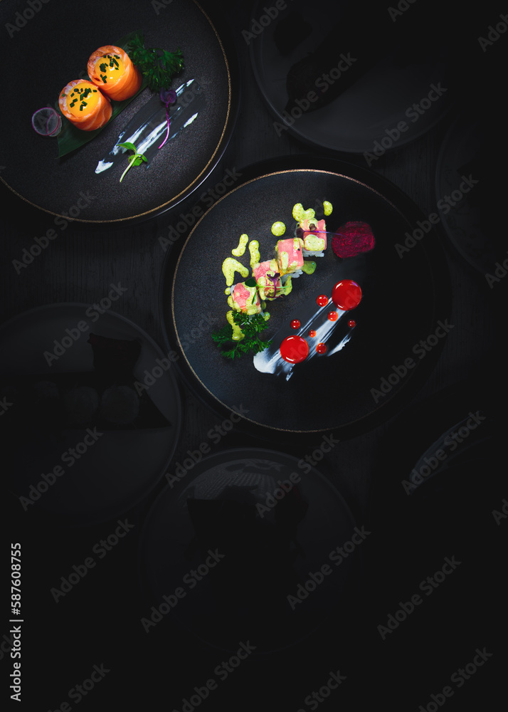 Elegant Japanese Food On Black Background 