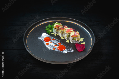 Elegant Japanese Food On Black Background 