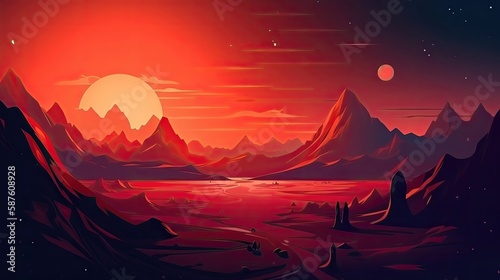 Mars landscape with red desert surface illustration. Generative AI © AdriFerrer