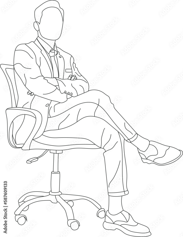 Man sitting on a chair line art with white background, illustration line drawing.
