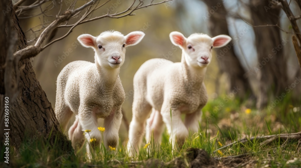 Curious little lambs in spring. Generative AI Curious little lambs in spring. Generative AI