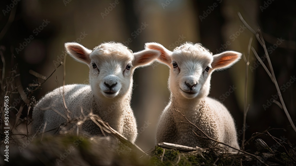 Obraz premium Curious little lambs in spring. Generative AI