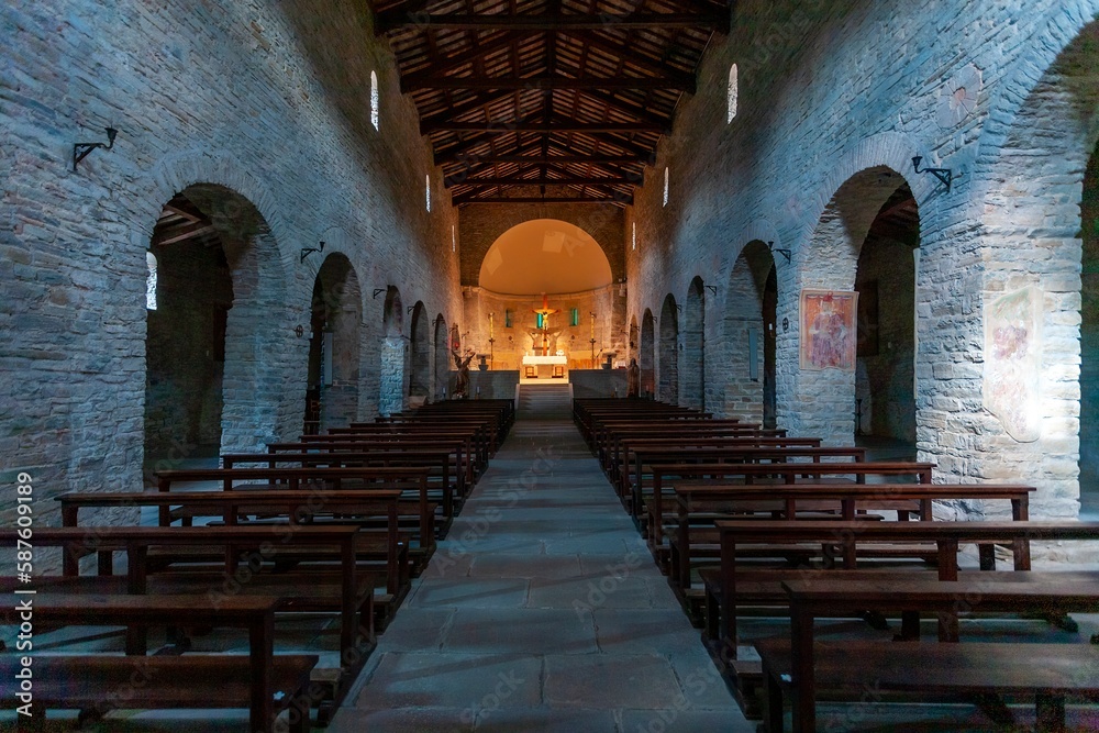 The interior of an old church in the Apennines mountains in central Italy