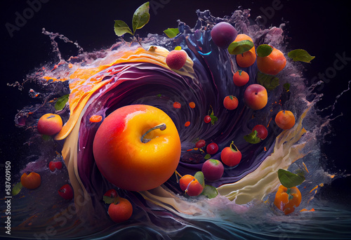 An apple and other fresh fruit in a swirling vortex of juice, generative art
