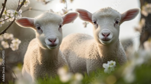 Curious little lambs in spring. Generative AI © AdriFerrer