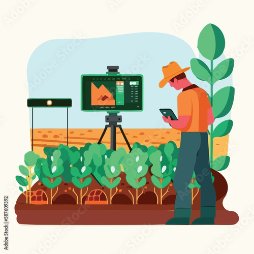 Farmer uses AI or Artificial Intelligence for agriculture monitoring. Flat style vector illustration. Human interaction with a neural network concept. Generative AI 