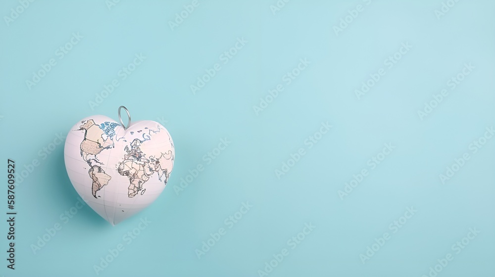 A pastel blue background with a small heart-shaped globe A pastel blue background with a small heart-shaped globe
