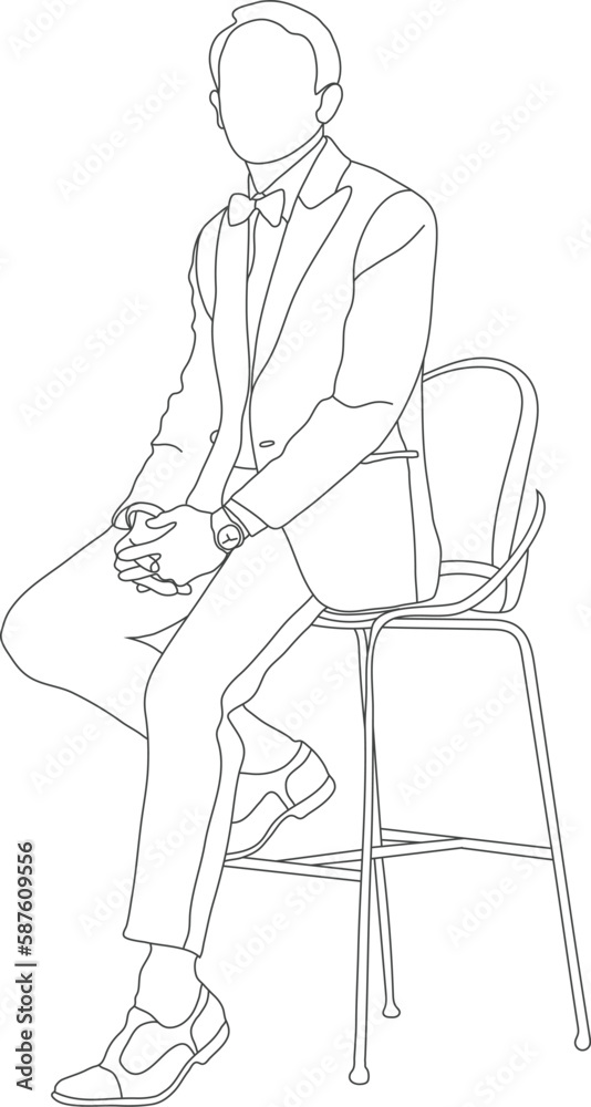 Man sitting on a chair line art with white background, illustration line drawing.
