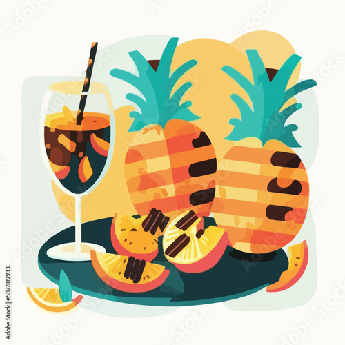 Grilled peaches and pineapple. Fruit summer barbecue. Vegetarian fruity American BBQ. Flat vector illustration concept. Generative AI