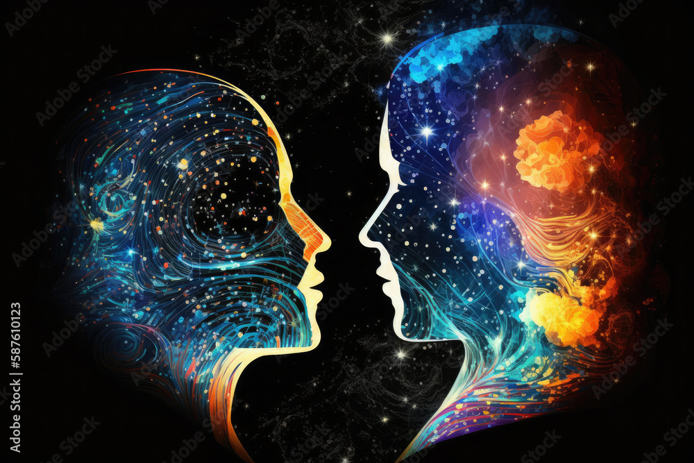 Astral body man and woman silhouettes face to face neural network AI generated art Astral body man and woman silhouettes face to face neural network AI generated art