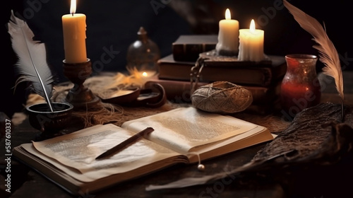 Vintage still life with old books, candles and feather on dark background. Generative AI