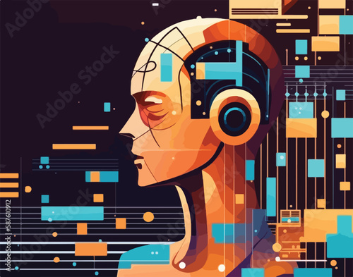 AI and neural network music composition program. Artificial Intelligence musicians and composers to write songs. Flat vector illustration concept. Generative AI 