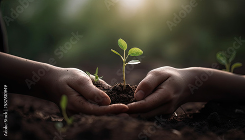Young boy holding plant in this hand, earth day