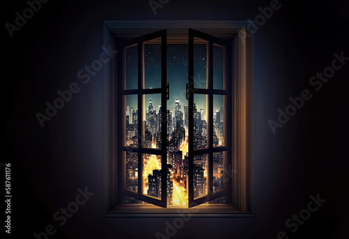View through a dark window of a city at night.  AI generated background illustration in a high detail watercolour style 