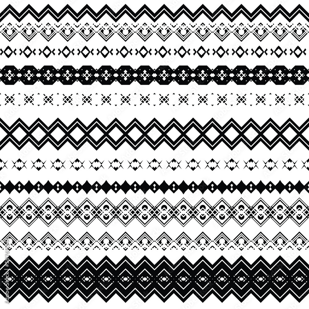 Set of seamless borders, geometric patterns isolated on white	