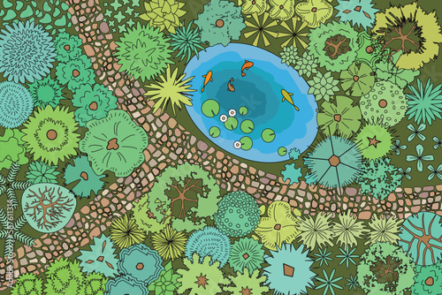 Landscape design. Top view. Pond, path, trees and flowers. View from above. Vector illustration.