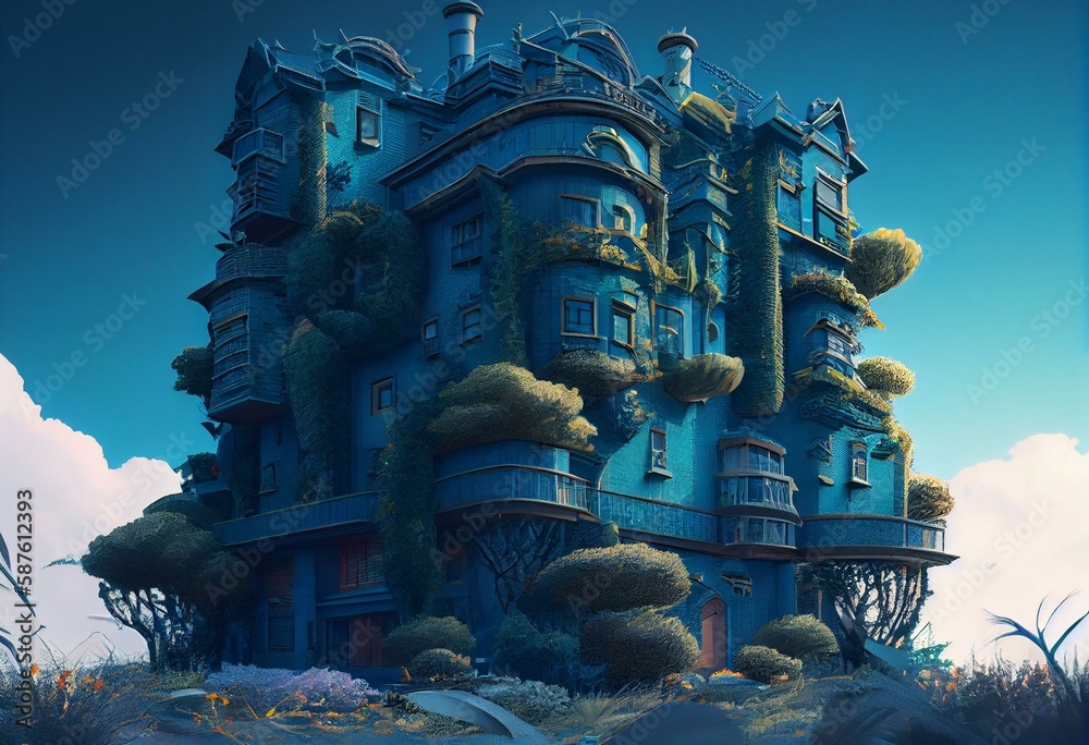 A Huge Blue Tiled Apartment Building of Howl's Moving Castle Ghibli, by