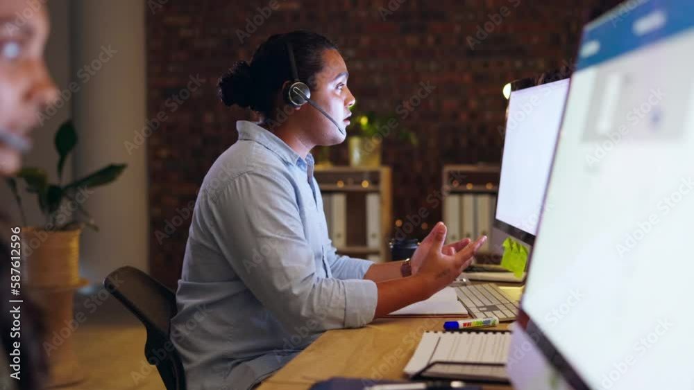 Crm, computer or man talking in call center speaking, consulting or explaining in late customer support. Contact us, night shift or sales consultant in telecom company for helping advice on pc screen Crm, computer or man talking in call center speaking, consulting or explaining in late customer support. Contact us, night shift or sales consultant in telecom company for helping advice on pc screen