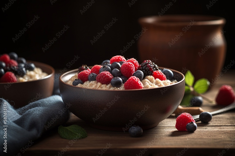 oatmeal on wooden bowl with topping berries oatmeal on wooden bowl with topping berries