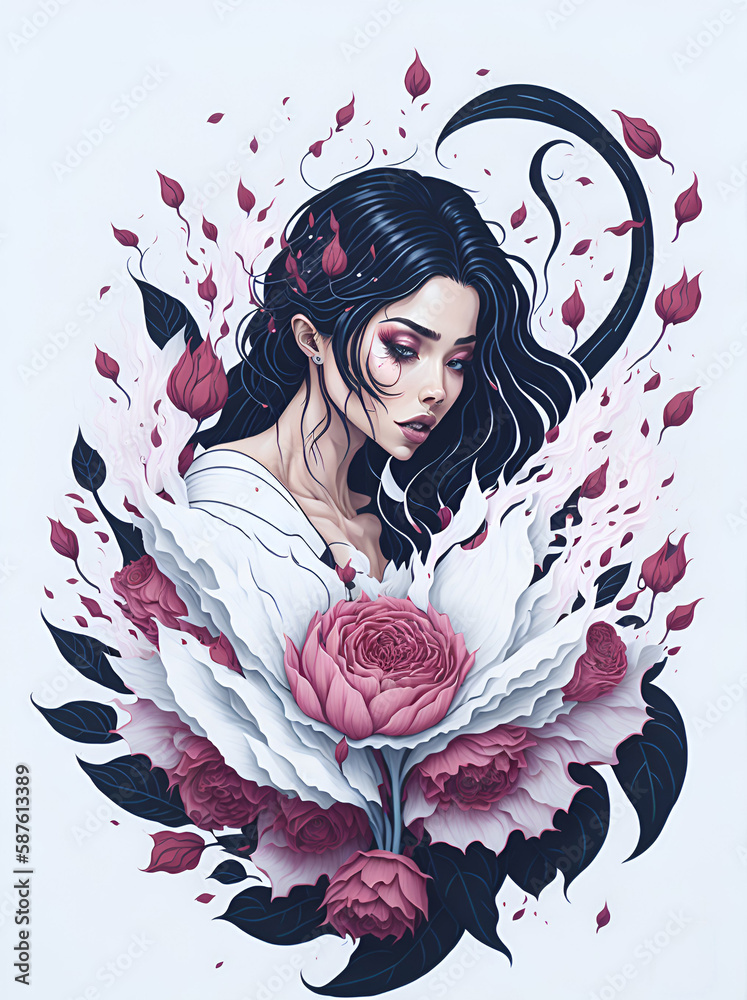 Beauty witch in flowers splash. AI generated illustration Beauty witch in flowers splash. AI generated illustration