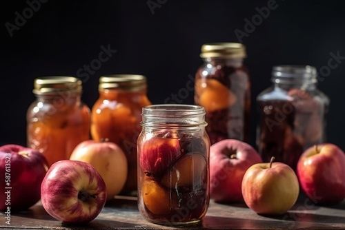 Realistic jars of fruits on table