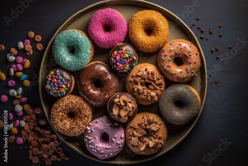 Donuts of various flavors are served on a plate AI Generative