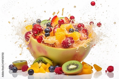 fruit in a bowl splashed on the table