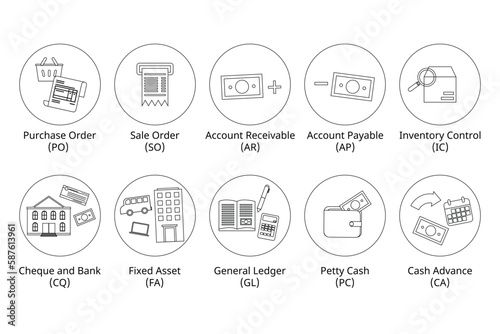 black and white line accounting icon to record all financial transaction in the company for accounting software system 