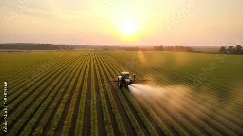 Tractor spraying pesticides on green plantation. Generative AI