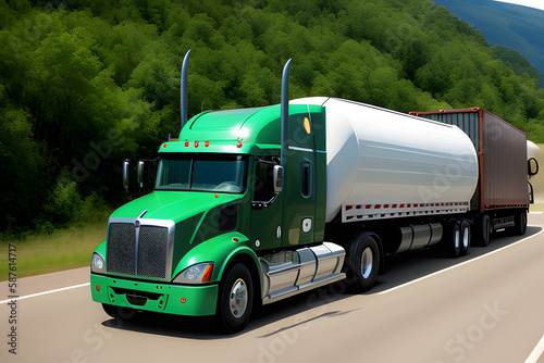 Big rig semi truck with tank semi trailer for transportation of liquid chemical and explosive substances driving on the road in Columbia Gorge