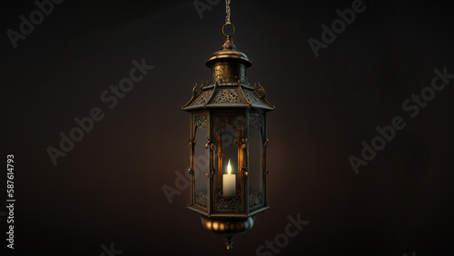 3D Render of Hanging Illuminated Arabic Lantern On Black Background. Islamic Religious Concept.