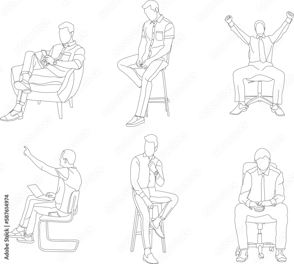 Set of man sitting on a chair line art with white background, illustration line drawing.