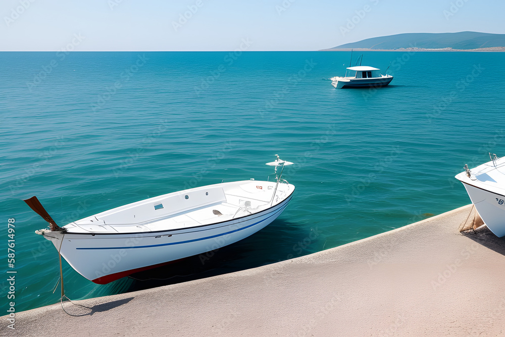 Naklejka premium single white boat on the black sea