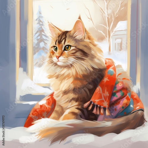 ほのぼの雪の夜と猫と共に