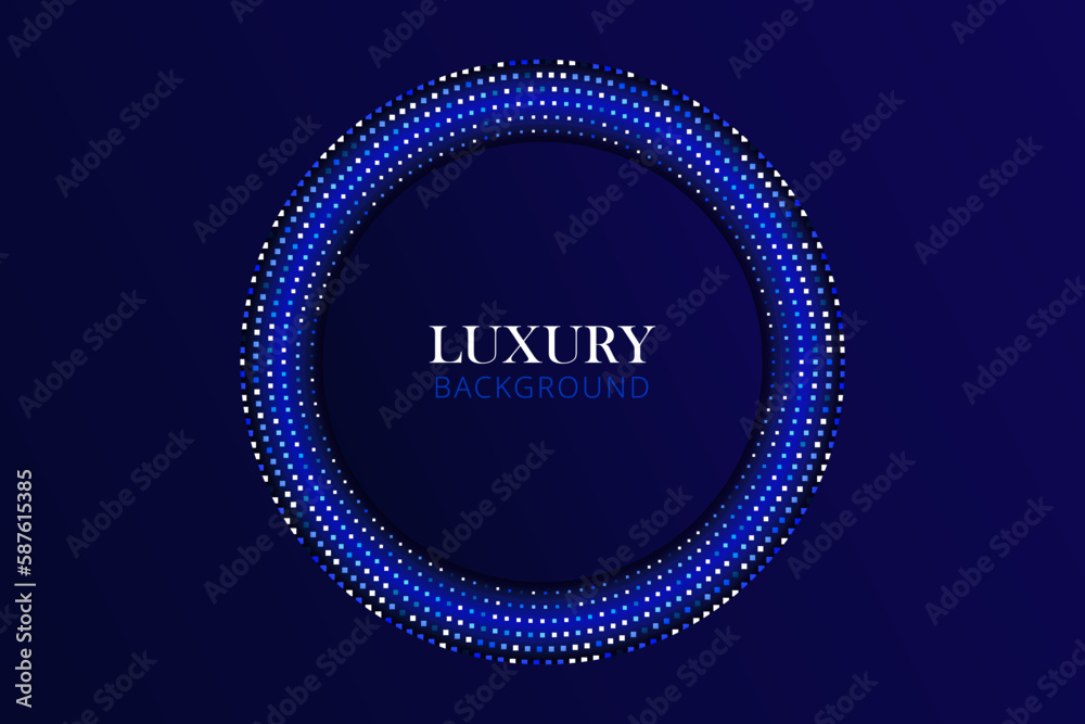 Luxury shining round template. The abstract blue background features a mosaic accented by glittering particles and halftone squares. The glowing gradient effect adds magic to this modern design Luxury shining round template. The abstract blue background features a mosaic accented by glittering particles and halftone squares. The glowing gradient effect adds magic to this modern design