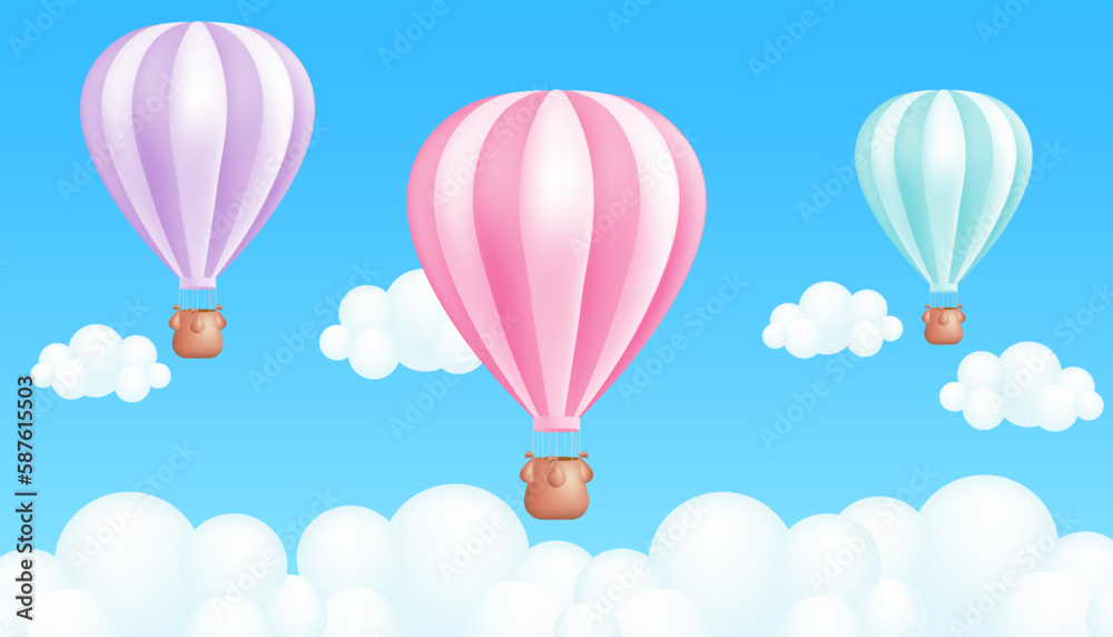 Realistic 3D cartoon vector illustration of a striped hot air balloon. Pastel colors. Perfect for outdoor activities, tourism, and summer fun, festival banners and children's illustrations
