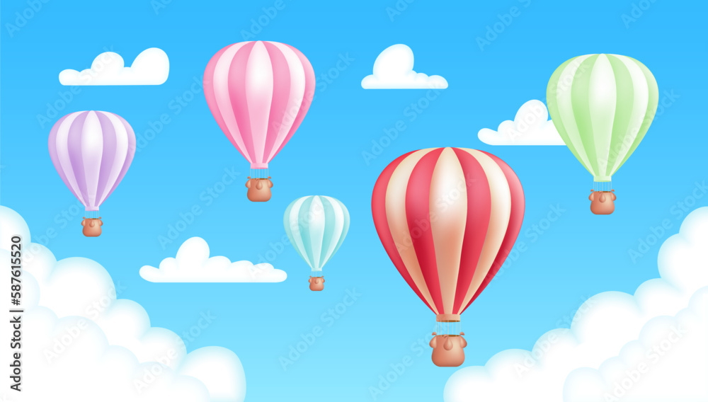 Realistic 3D vector illustration of a colorful hot air balloons in a blue sky background with clouds. Adventure, recreation, and travel, with an airship flying. Cute children cartoon image.