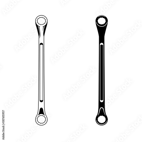 Black and white illustration of wrench vector icon. Mechanical tool collections.