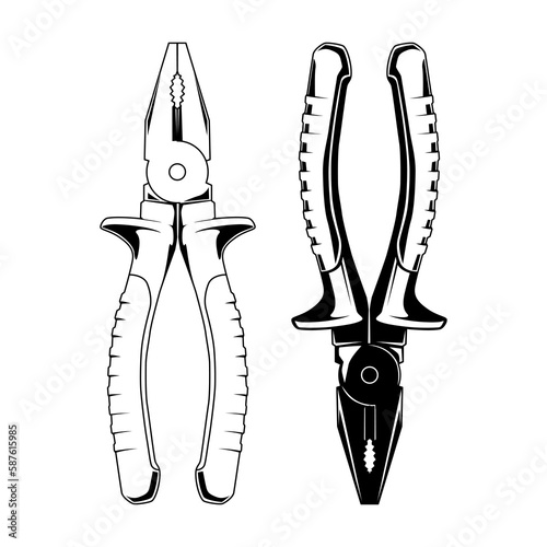 Black and white illustration of pliers vector icon. Mechanical tool collections.